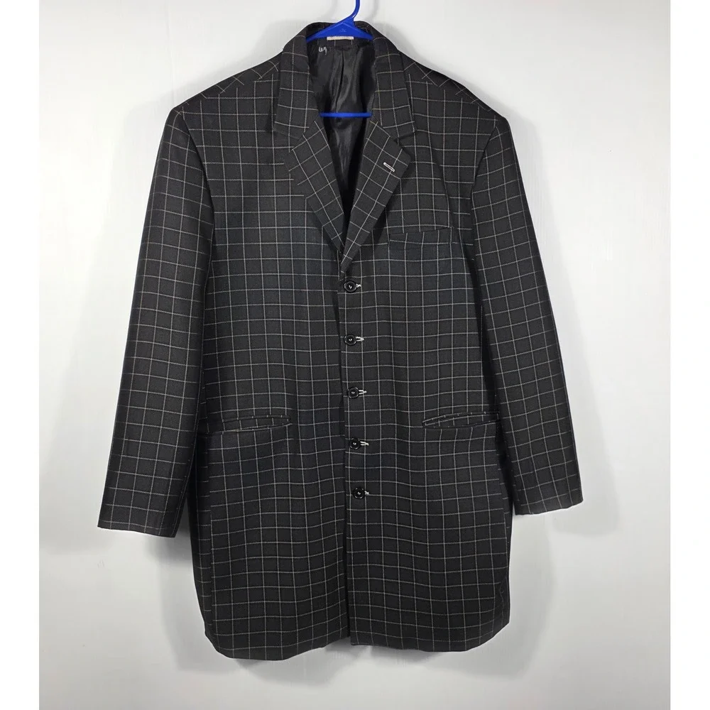 Vintage Paitano Mens Black Windowpane Grid Longline 5 Button Blazer Jacket  48R
